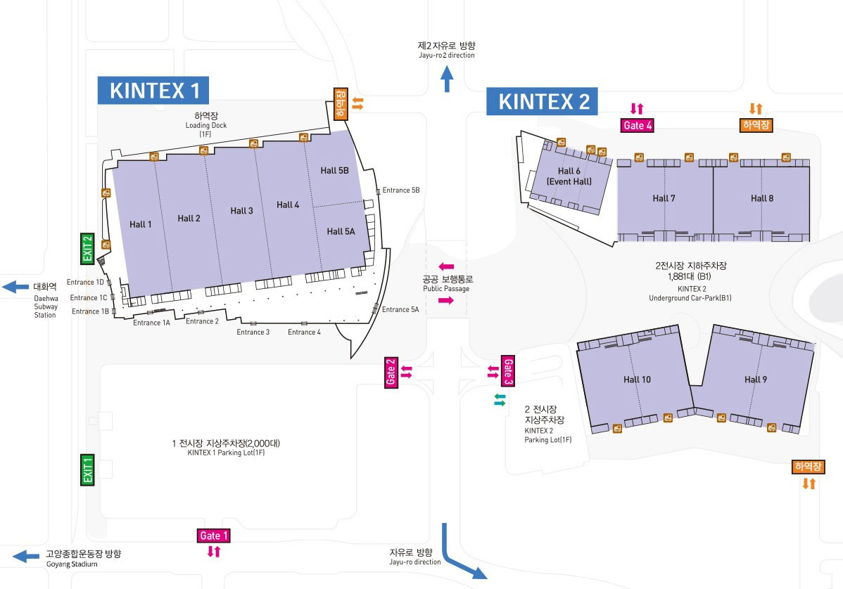 전시홀 시설개요 제1전시장은 좌축부터 Hall1 ~ Hall5A, 5A아래 Hall5B가 위치하고, 우측 건너편 제2전시장은 Hall6건물과 그우측 으로 좌측부터 Hall7~8이 위치하고 그아래로 좌측부터 hall10, hall9가 위치함 